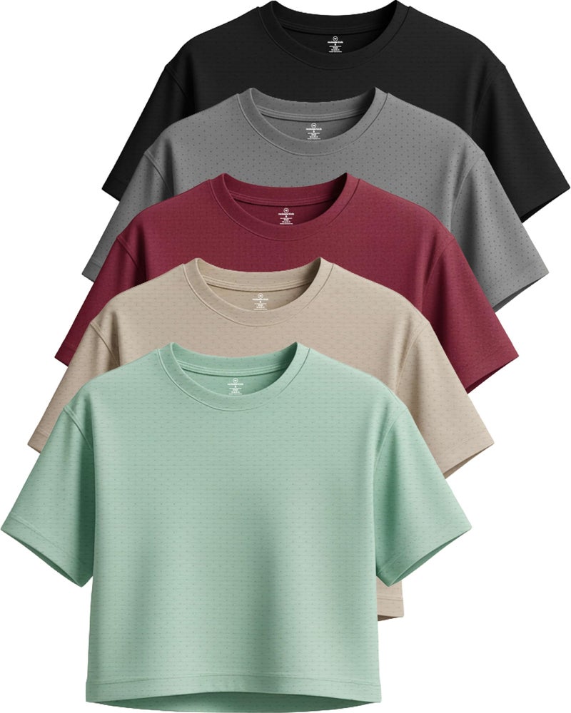 REALESSENTIALS Real Essentials 5 Pack: Women's Dry-Fit Breeze Tech Crop Tops â€“ Short Sleeve Athletic Workout, Yoga Tees (Available in Plus)- Set 6, XS - Image 1