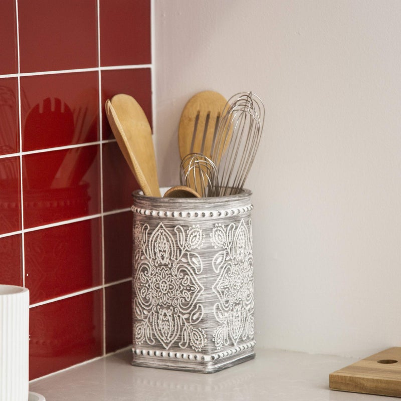 BINO BINO Kitchen Utensil Holder for Countertop  Grey Wildflower - Utensil Caddy countertop utensil holder Utensil Crocks for kitchen Cooking Utensil Holder Kitchen Utensils Holder Spatula Holder - Image 3