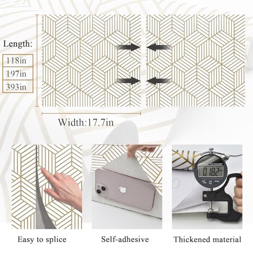 MelunMer Geometric Peel and Stick Wallpaper Gold 118In L 17.7In W Self Adhesive Removable Wallpaper for Bedroom/Bathroom Waterproof Modern Contact Paper for Cabinets Gold Contact Paper Shelf Liner - Image 3