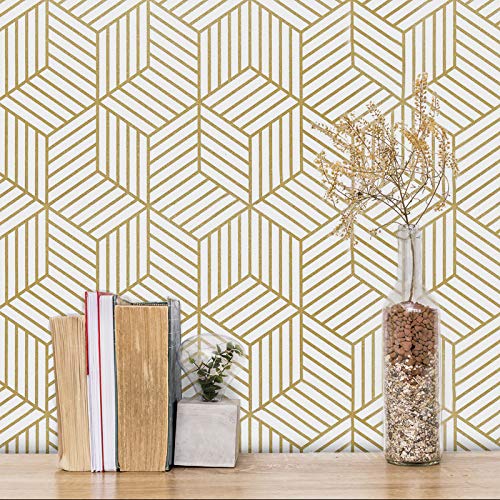 MelunMer Geometric Peel and Stick Wallpaper Gold 118In L 17.7In W Self Adhesive Removable Wallpaper for Bedroom/Bathroom Waterproof Modern Contact Paper for Cabinets Gold Contact Paper Shelf Liner - Image 1