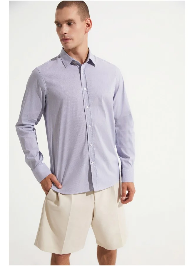 جون June Men Slim Fit Long Sleeve Striped Shirt  White - Navy