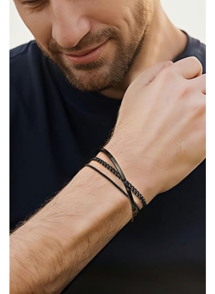 الرجال 3pcs التراكم سوار مجموعة ,ثلاثية الطبقة الكوبية سلسلة سوار للرجال , الفولاذ المقاوم للصدأ القابل للتعديل الرجال سوار سوار,خفيفة الوزن الارتداء اليومي - Image 1