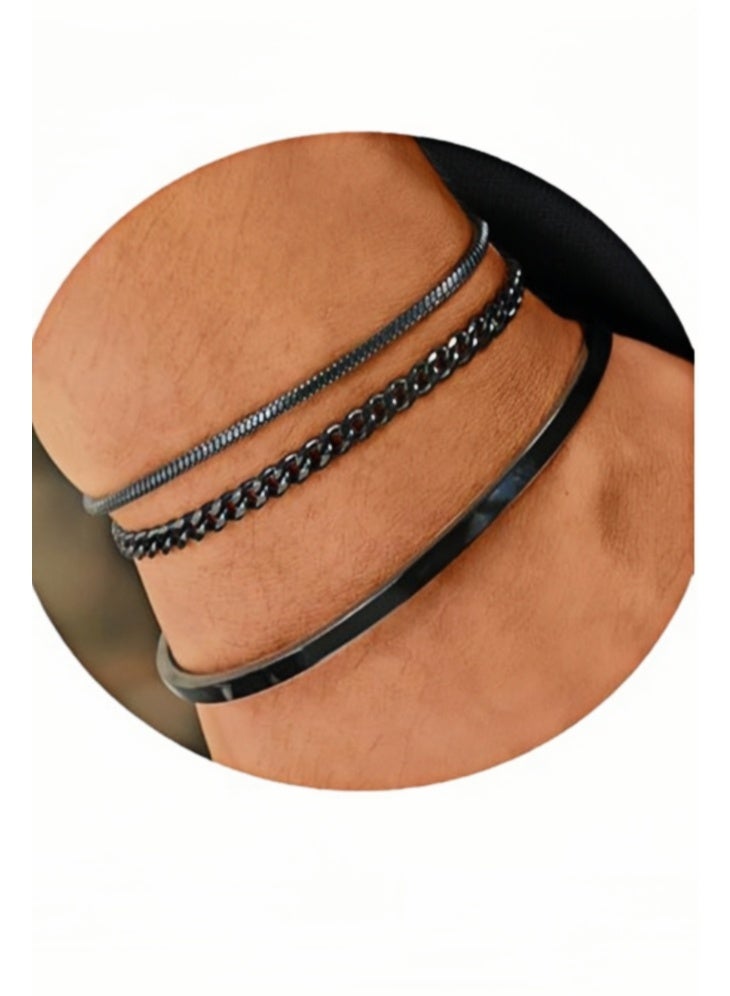 الرجال 3pcs التراكم سوار مجموعة ,ثلاثية الطبقة الكوبية سلسلة سوار للرجال , الفولاذ المقاوم للصدأ القابل للتعديل الرجال سوار سوار,خفيفة الوزن الارتداء اليومي - Image 3