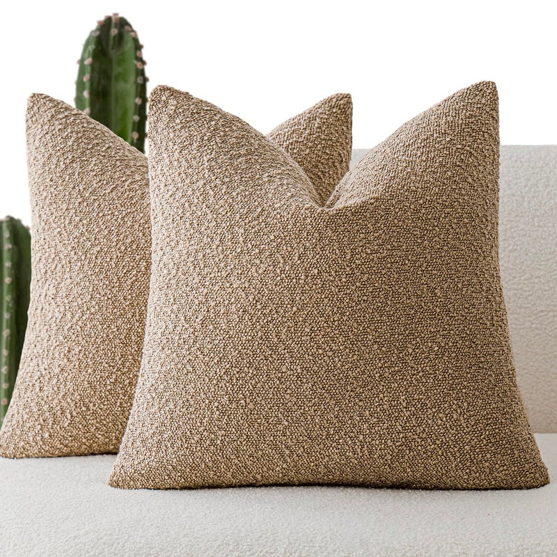 Foindtower Pack of 2, Decorative Textured Boucle Throw Pillow Covers Accent Solid Pillow Cases Cozy Soft Couch Cushion Case for Chair Sofa Bedroom Living Room Home Decor 22 x 22 Inch Taupe Khaki Camel - Image 1