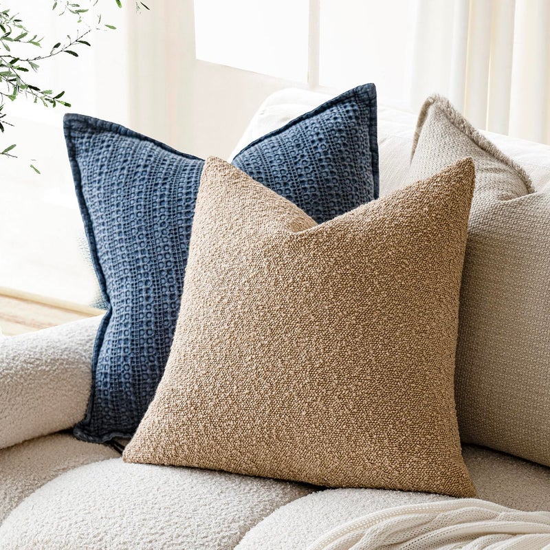 Foindtower Pack of 2, Decorative Textured Boucle Throw Pillow Covers Accent Solid Pillow Cases Cozy Soft Couch Cushion Case for Chair Sofa Bedroom Living Room Home Decor 22 x 22 Inch Taupe Khaki Camel - Image 5