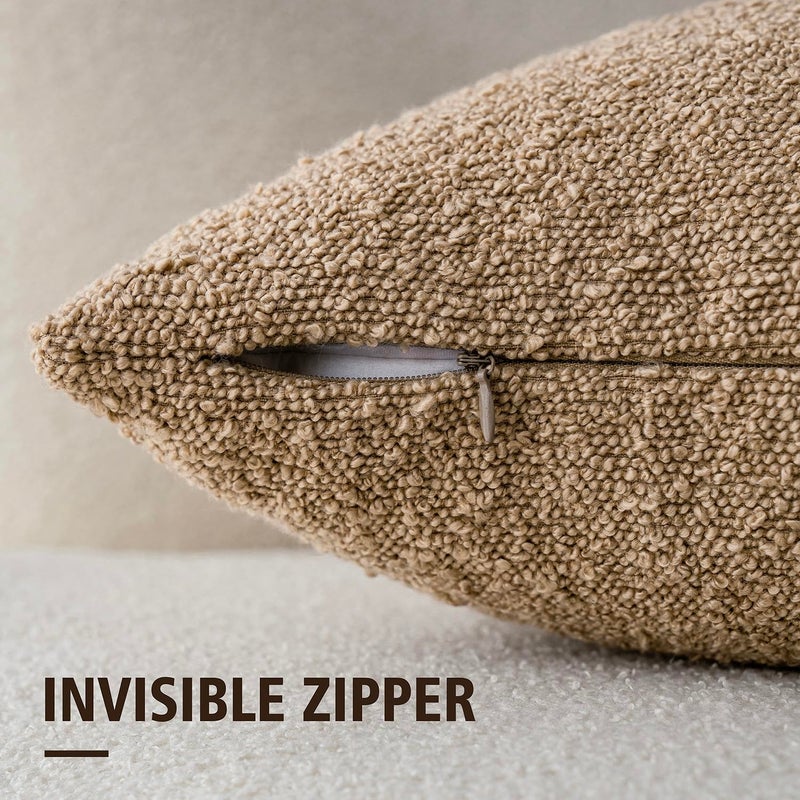Foindtower Pack of 2, Decorative Textured Boucle Throw Pillow Covers Accent Solid Pillow Cases Cozy Soft Couch Cushion Case for Chair Sofa Bedroom Living Room Home Decor 22 x 22 Inch Taupe Khaki Camel - Image 3