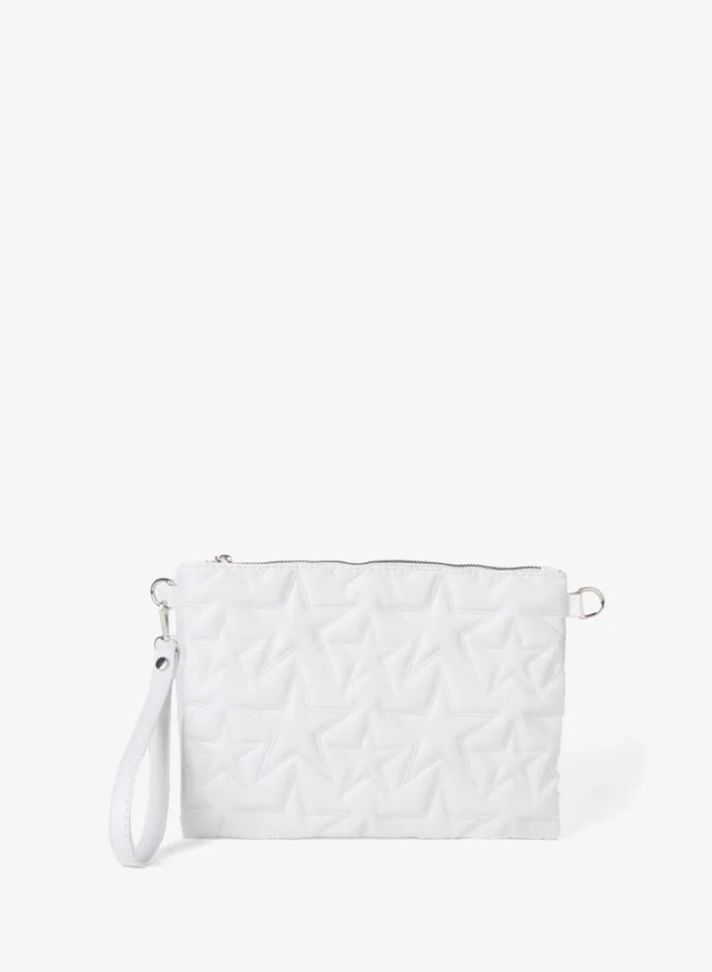 Women's White Star Embroidered Synthetic Leather Wrist and Chain Strap Portfolio Hand and Clutch Bag.