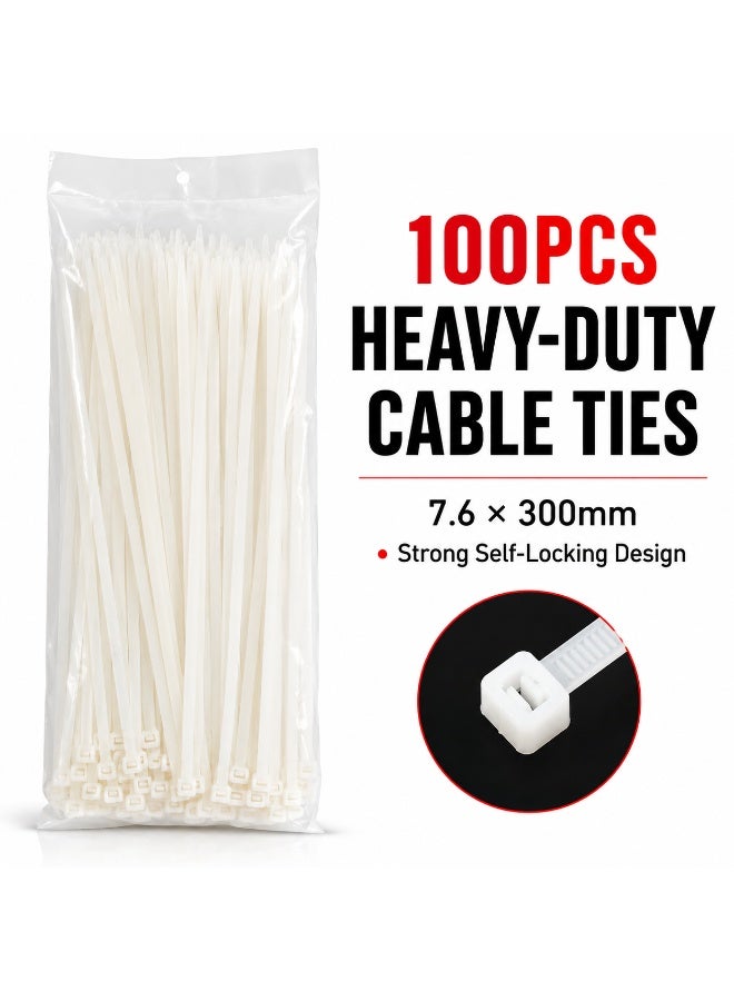 100PCS Heavy Duty White Nylon Cable Ties 300mm × 7.6mm, Extra Wide Self-Locking Zip Ties for Electrical Wires, Home, Garden, Automotive, Workshop and DIY Organization - Image 1