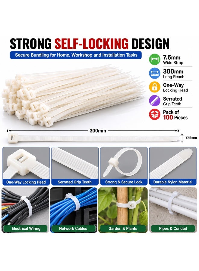 100PCS Heavy Duty White Nylon Cable Ties 300mm × 7.6mm, Extra Wide Self-Locking Zip Ties for Electrical Wires, Home, Garden, Automotive, Workshop and DIY Organization - Image 3