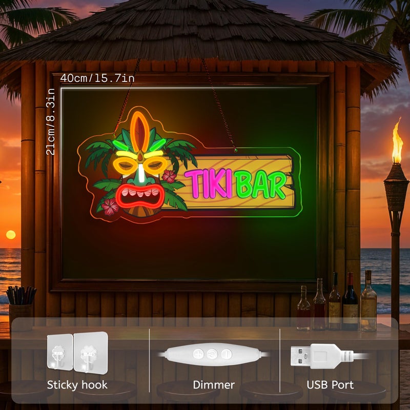 VIKLIU Tiki Bar Neon Sign Dimmabel Tiki Bar Neon Light for Aloha Hawaii Tropical Birthday USB Powered Led Light Sign for Man Cave Decor Hawaiian Luau Party Decoration - Image 2