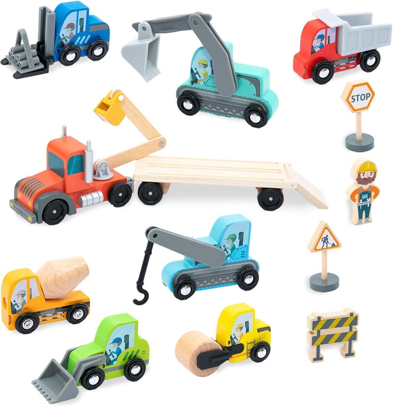 umu Wooden Construction Vehicle Transporter Play Set for Children Compatible with Brio World Railway Sets, Toy Includes Excavator, Crane, Roller, and Much More, 14-Piece Set for Children Ages 3, 4, 5 - Image 1