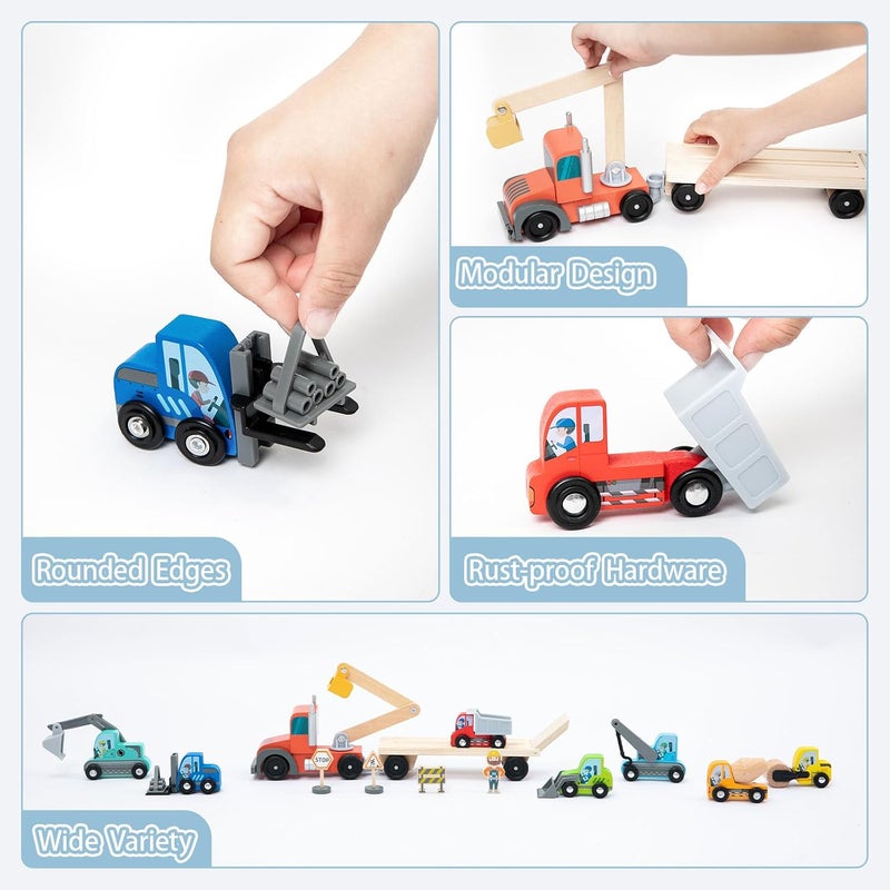 umu Wooden Construction Vehicle Transporter Play Set for Children Compatible with Brio World Railway Sets, Toy Includes Excavator, Crane, Roller, and Much More, 14-Piece Set for Children Ages 3, 4, 5 - Image 5
