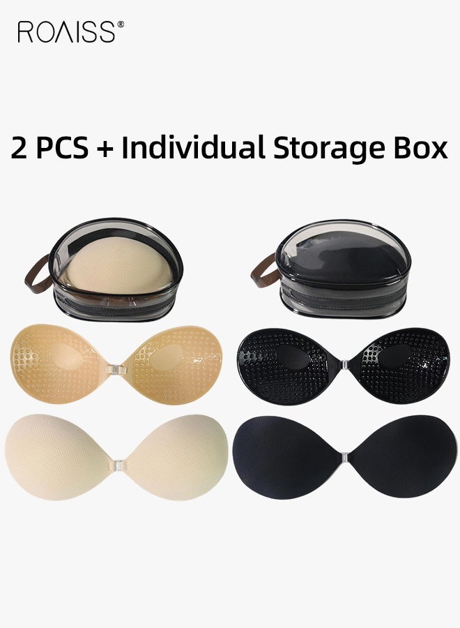 roaiss Women's 2-Pack Round Chest Stickers Invisible Strapless Push up Bra Reusable Ladies Breathable Sticky Bras for Deep V Dresses and Daily Wear Individually Packed Zipper Box - Image 1