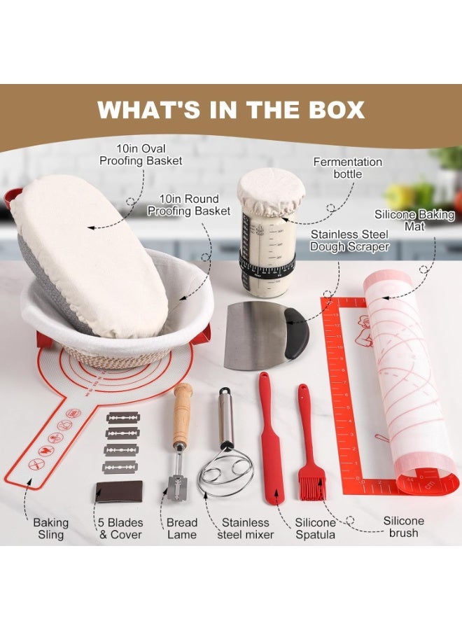 Arabest Bread Baking Supplies, Banneton Bread Proofing Basket, 10 Inch Oval & Round Bread Baskets with Liners & Covers, Sourdough Starter Kit - Image 2