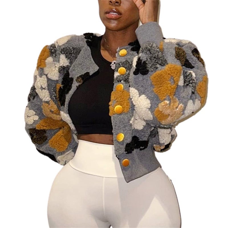 HOULENGS Womens Cropped Floral Print Fleece Bomber Jacket Casual Puff Sleeve Button Down Coats Winter Warm Outerwears Grey Medium