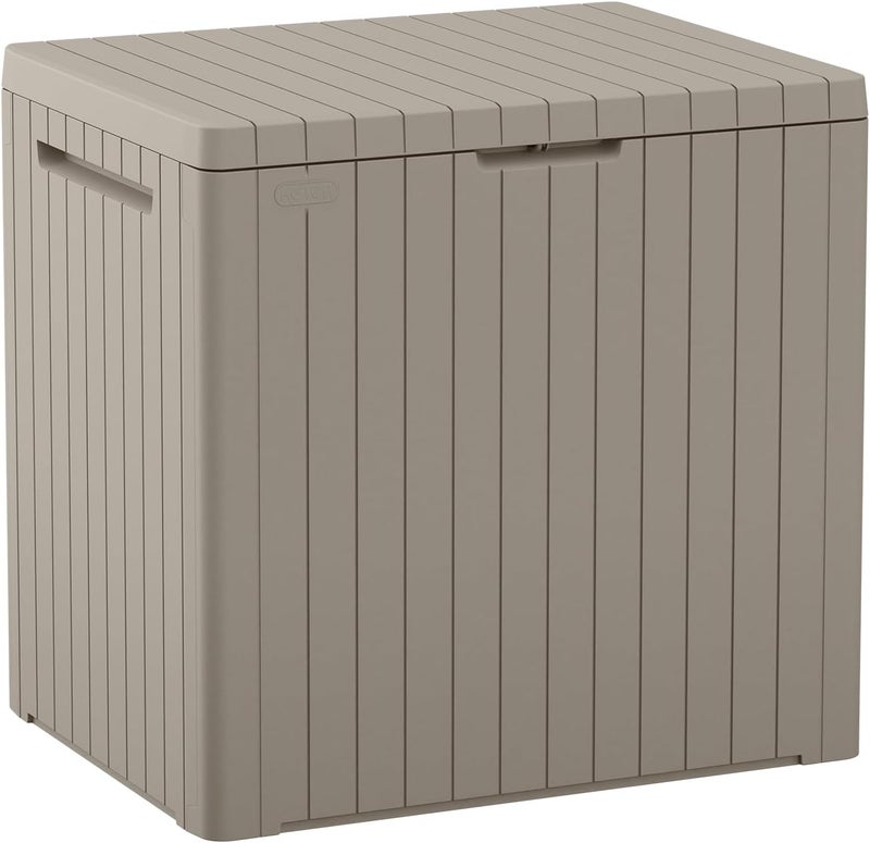 Keter City 30 Gallon Resin Outdoor Storage Box and Patio Furniture Side Table for Pool and Garden Accessories, Beige - Image 1