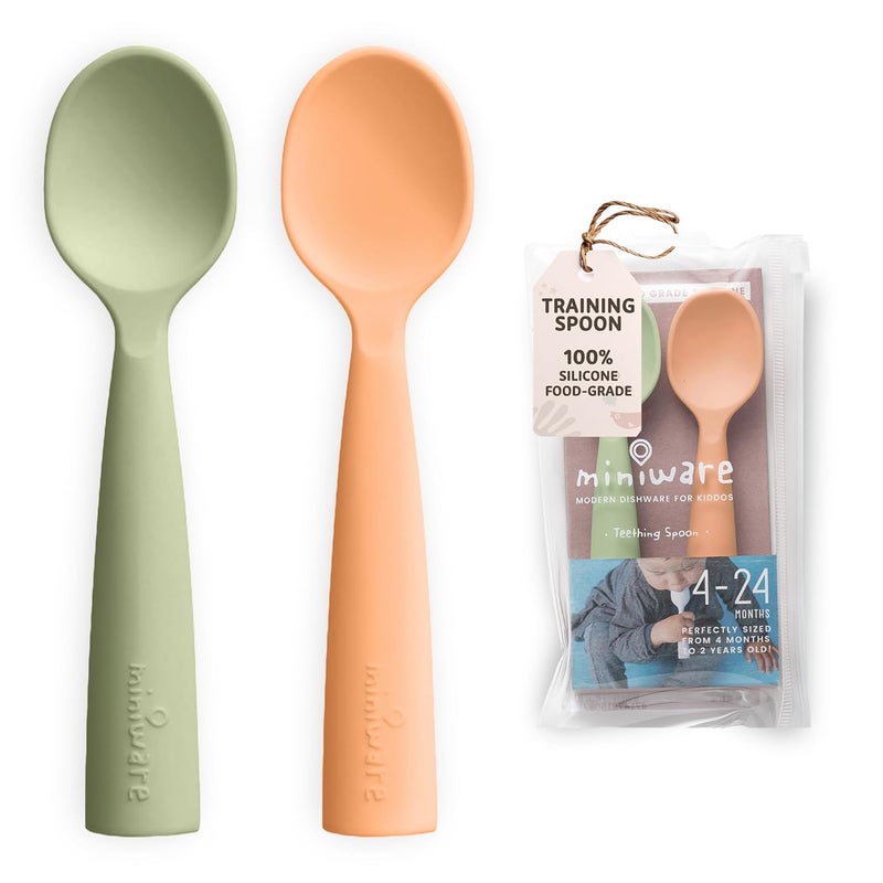 Miniware Silicone Baby Spoon for Training - BPA Free Baby Utensils - Baby Spoons Self Feeding 6 Months | 100% Food Grade Silicone - Modern & Dishwasher Safe | Dishwasher Safe (Pistachio & Toffee) - Image 1