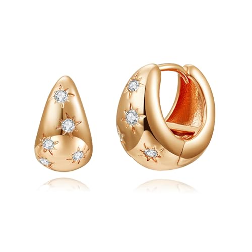 WSKFLY Gold Chunky Hoop Earrings for Women Dainty 14K Gold Plated Cubic Zirconia Earrings Trendy Simple Lightweight Hypoallergenic Jewelry Gifts (North Star Hoop) - Image 1