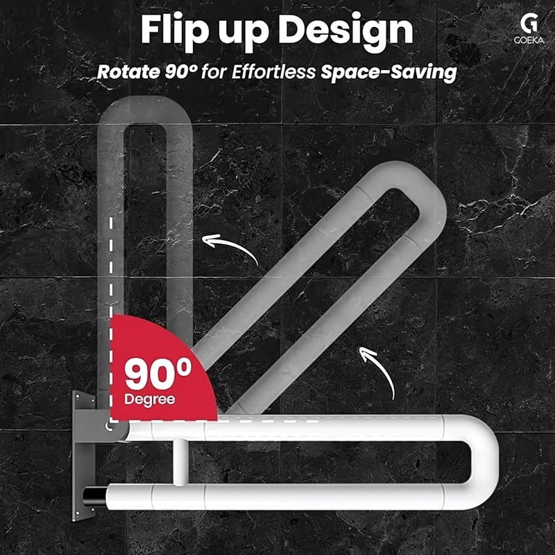 GOEKA Stainless Steel 304 Flip-Up Grab Bar (24 Inch) | Anti-Slip Bathroom Grab Bar for Senior Citizens & Elderly | Space-Saving Grab Handle for Toilet, Shower & Bedside Safety - Image 2