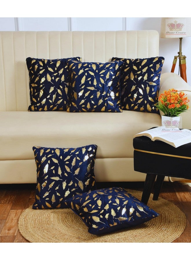 HOMECROWN 16x16 Inch Velvet Cushion Covers Set of 5 Pcs, Soft Decorative Faux Fur Throw Pillow Covers with Golden Feather Print for Sofa, Couch, Bed, Living Room - Blue-250 TC - Image 1