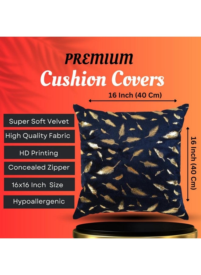 HOMECROWN 16x16 Inch Velvet Cushion Covers Set of 5 Pcs, Soft Decorative Faux Fur Throw Pillow Covers with Golden Feather Print for Sofa, Couch, Bed, Living Room - Blue-250 TC - Image 4