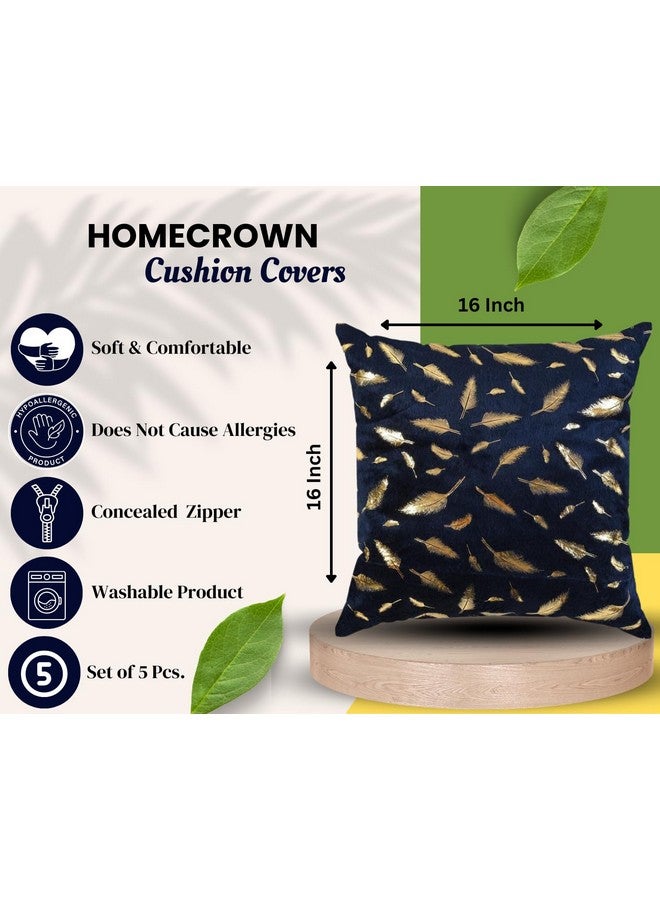 HOMECROWN 16x16 Inch Velvet Cushion Covers Set of 5 Pcs, Soft Decorative Faux Fur Throw Pillow Covers with Golden Feather Print for Sofa, Couch, Bed, Living Room - Blue-250 TC - Image 2