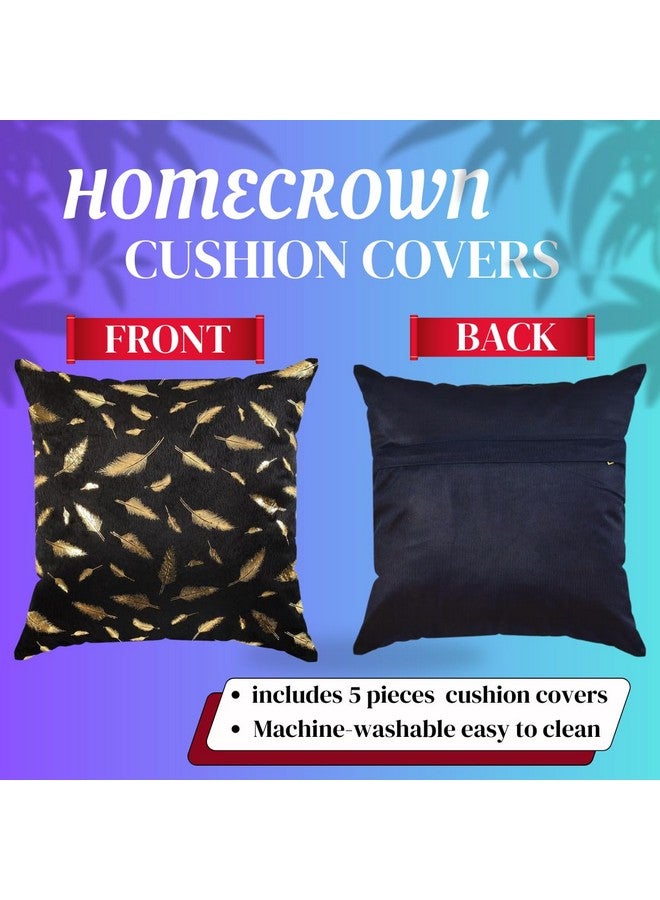 HOMECROWN 16x16 Inch Velvet Cushion Covers Set of 5 Pcs, Soft Decorative Faux Fur Throw Pillow Covers with Golden Feather Print for Sofa, Couch, Bed, Living Room - Blue-250 TC - Image 5