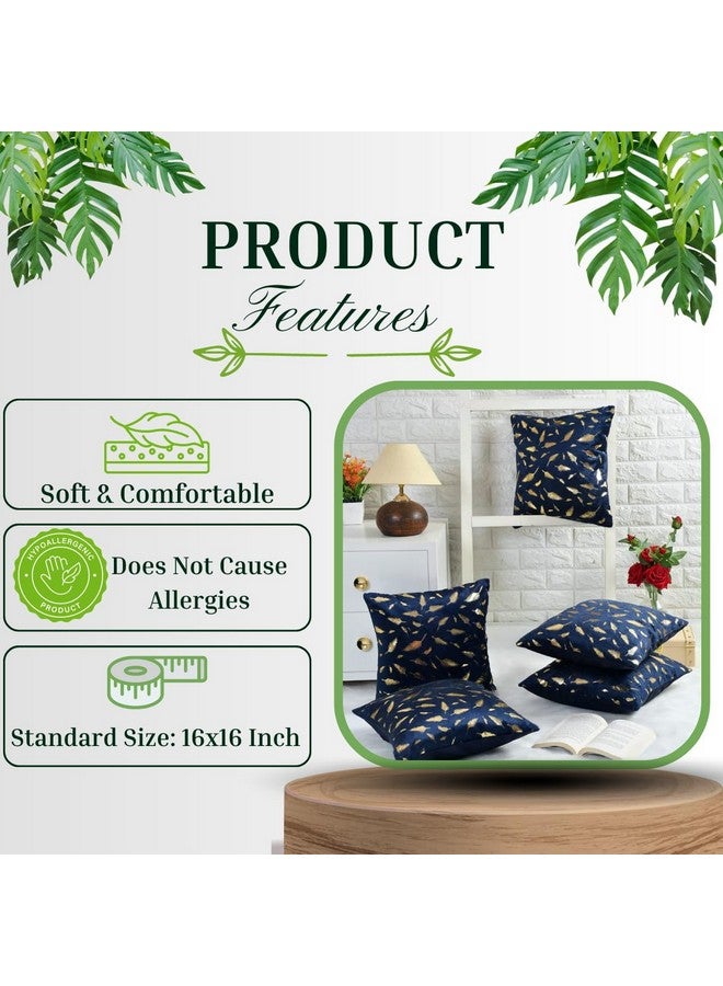 HOMECROWN 16x16 Inch Velvet Cushion Covers Set of 5 Pcs, Soft Decorative Faux Fur Throw Pillow Covers with Golden Feather Print for Sofa, Couch, Bed, Living Room - Blue-250 TC - Image 3