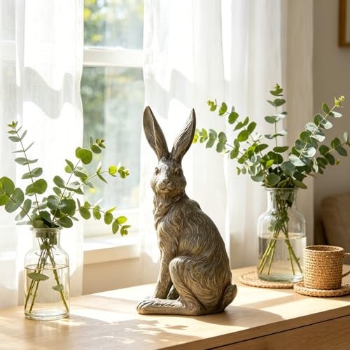 DiliComing Outdoor Rabbit Garden Statue 12 Inch Large Easter Bunny Decor Grey Resin Animal Sculpture for Home Lawn Yard Decorations Womens Gifts - Image 3