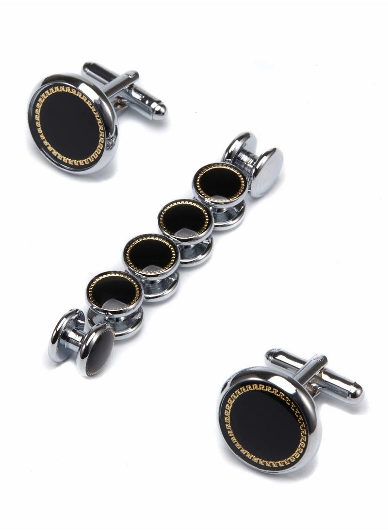 SYOSI Cufflinks & Studs Set (1Pair Cufflinks & 3Pair Tuxedo Studs) Mens Jewelry Kit with Gift Box, Silver Cufflinks for Men & Dress Shirt Studs, Wedding Anniversary Gift Valentines Gifts for Him  - Image 1