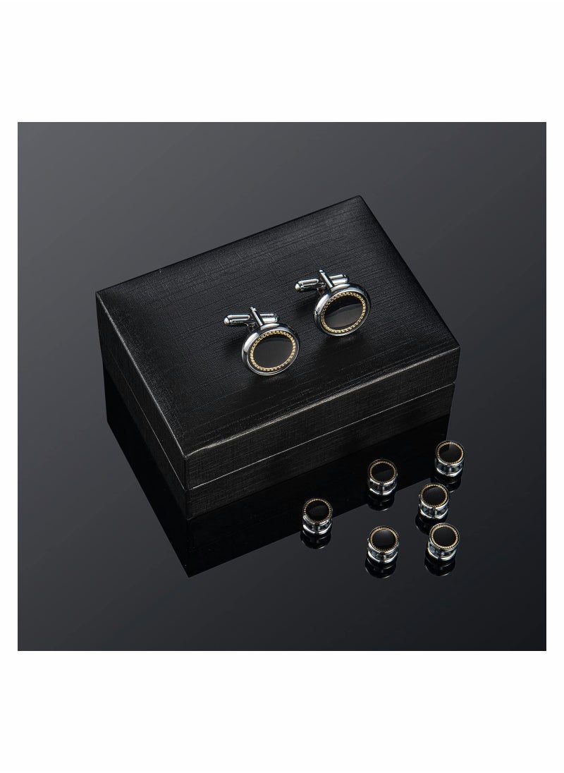 SYOSI Cufflinks & Studs Set (1Pair Cufflinks & 3Pair Tuxedo Studs) Mens Jewelry Kit with Gift Box, Silver Cufflinks for Men & Dress Shirt Studs, Wedding Anniversary Gift Valentines Gifts for Him  - Image 2