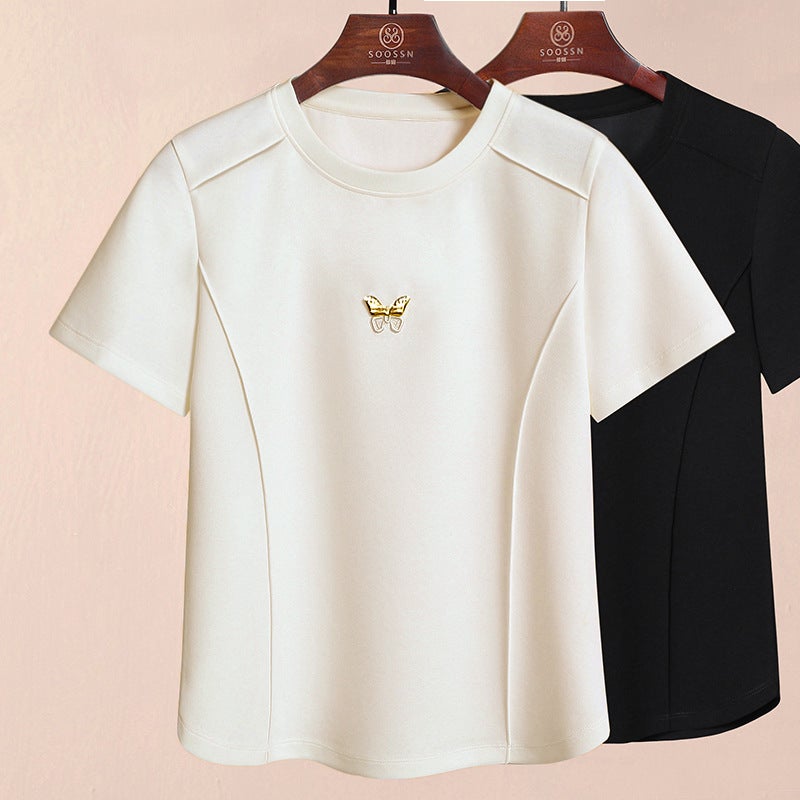Liquid Ammonia White Short-sleeved Double-sided Silk Cotton Cool T-shirt Shoulder T-shirt Womens 24 Womens Crewneck Base Shirt T-shirt lotus seed apricot 