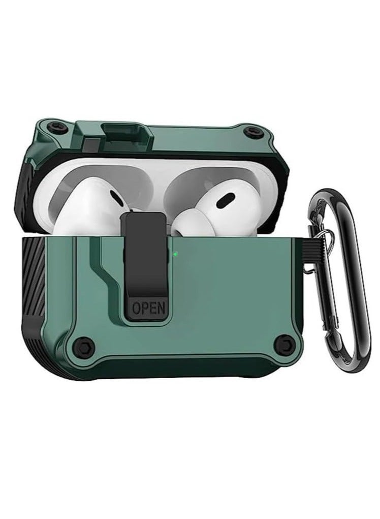 حافظة لجهاز Airpods4 بقفل مع سلسلة مفاتيح وغطاء واقٍ مدرع عسكري متين للرجال والنساء، غطاء مقاوم للصدمات (أخضر) - Image 1