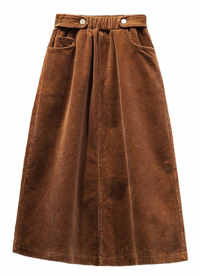 CHARTOU Women's Winter Corduroy Elastic Waist Ruffle A-Line Midi Long Skirt (X-Large, Khaki) - Image 1