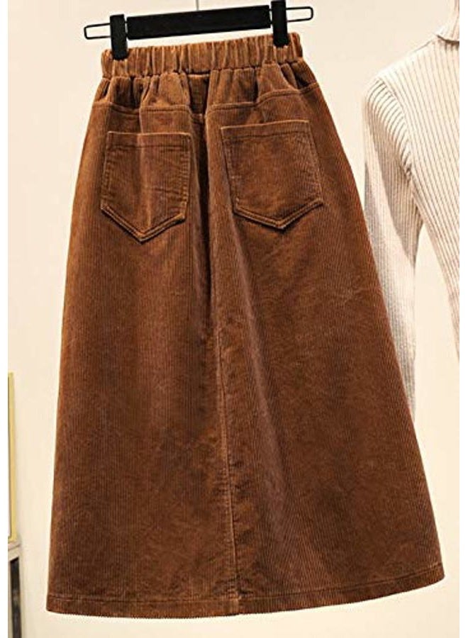 CHARTOU Women's Winter Corduroy Elastic Waist Ruffle A-Line Midi Long Skirt (X-Large, Khaki) - Image 2