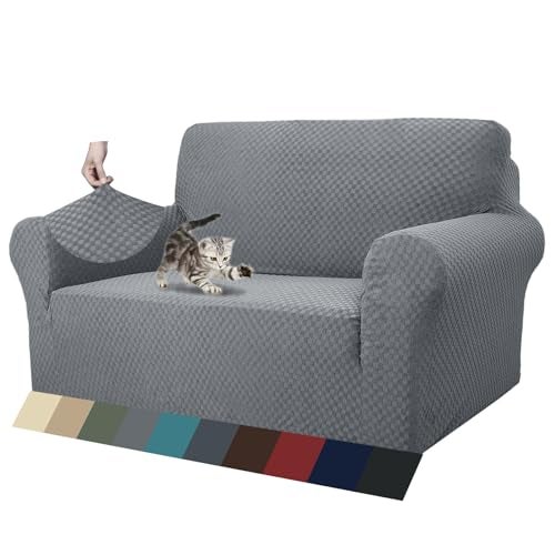 ZNSAYOTX 1 Piece Jacquard Couch Covers for 2 Cushion Couch High Stretch Loveseat Slipcover for Pets Dogs Anti Slip Love Seat Sofa Slipcover Furniture Protector (Loveseat, Light Grey) - Image 1