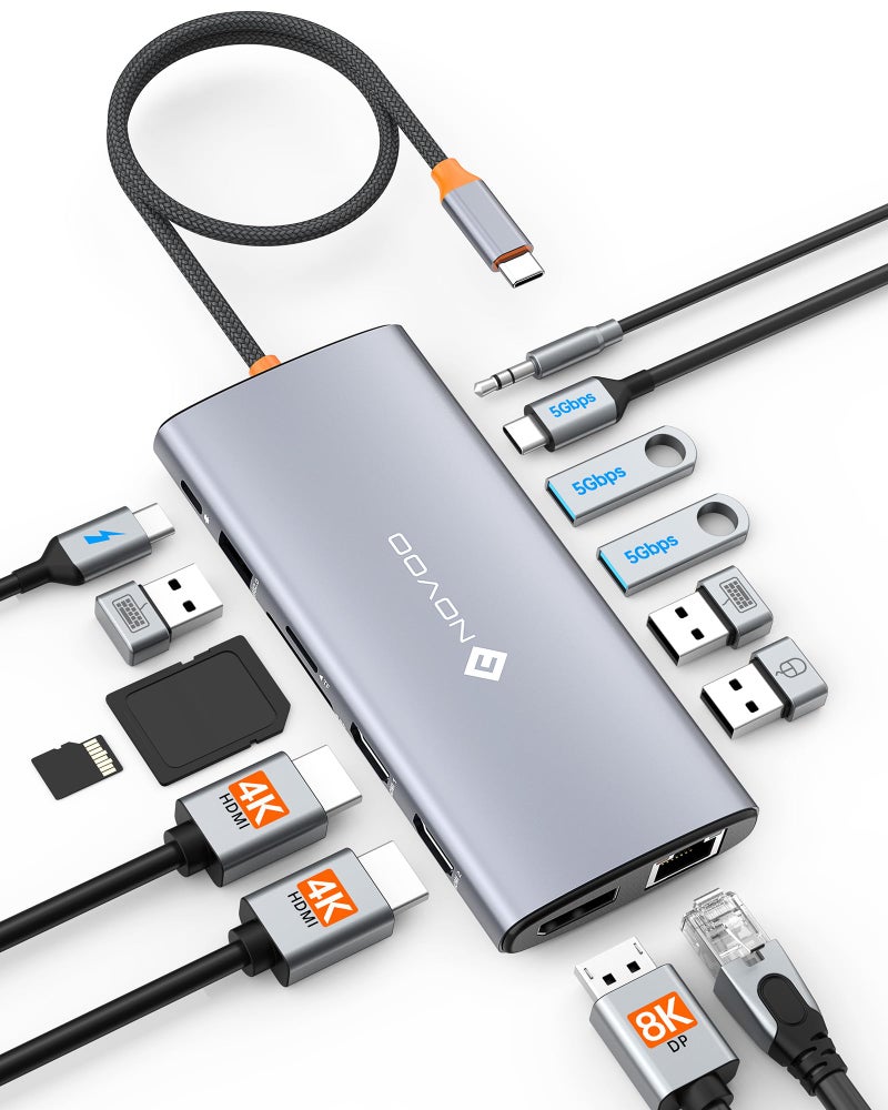 NOVOO USB C Docking Station Dual Monitor for Laptop, 14 in 1 Hub Adapter Thunderbolt 3 to Dual 4K60 HDMI+8K30 DP USB C/A Data 100W PD RJ45 SD/TF Audio - Image 1