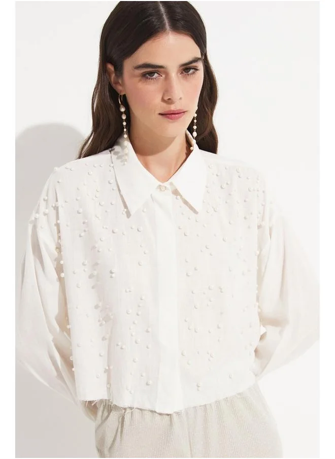 JUNE June Women Pearl Detail Cotton Crop Shirt White