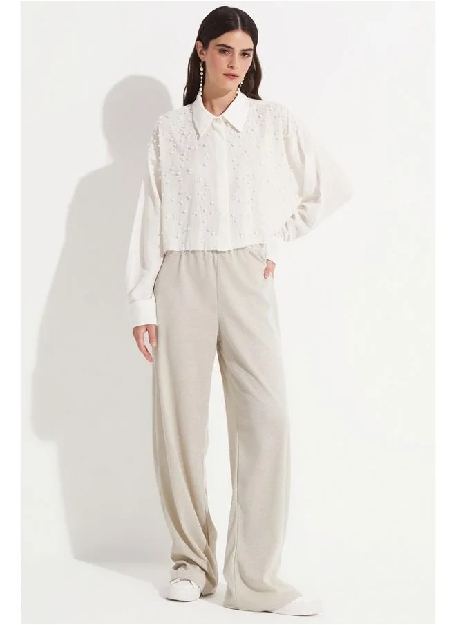 جون June Women Pearl Detail Cotton Crop Shirt White