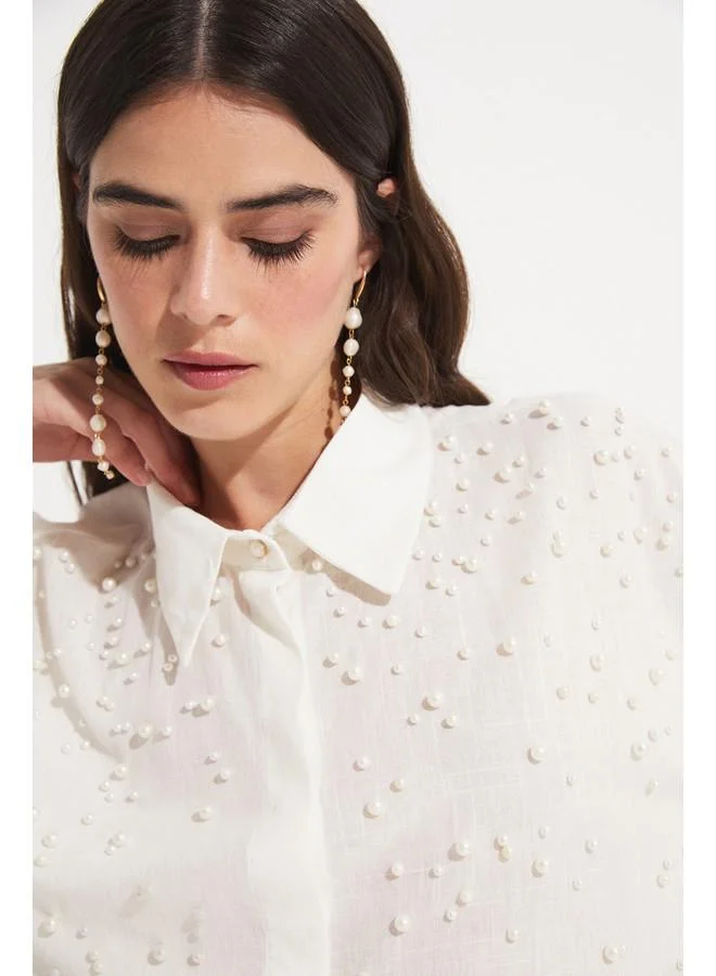 جون June Women Pearl Detail Cotton Crop Shirt White