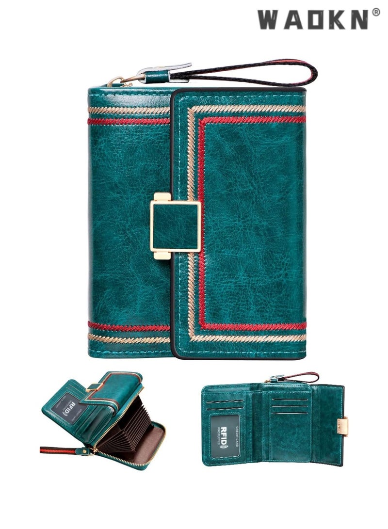 WAOKN Women's Selected RFID Blocking Short Leather Clutch, Compact Folding Accordion Wallet with Elegant Bifold Design, Easily Storing Credit Cards and Cash, Essential for a Stylish Life（Green）  - Image 1