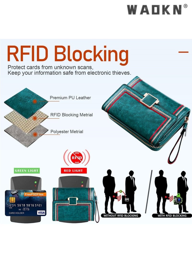 WAOKN Women's Selected RFID Blocking Short Leather Clutch, Compact Folding Accordion Wallet with Elegant Bifold Design, Easily Storing Credit Cards and Cash, Essential for a Stylish Life（Green）  - Image 3