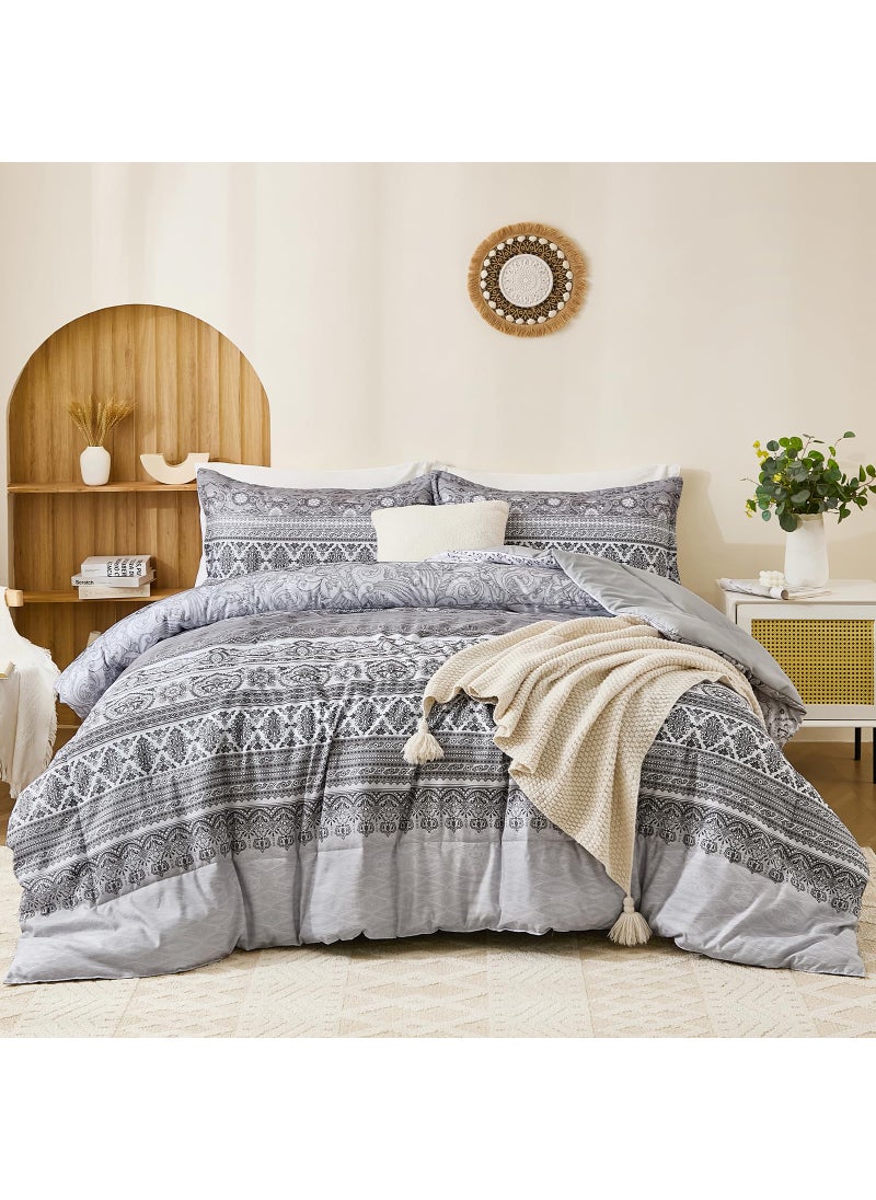Goodidea Goodidea Boho Comforter Set Queen Size 3 Piece Grey Bohemian Striped Comforter Soft Lightweight Microfiber Bedding Set with 2 Pillow Shams for All Season (Queen  90""X90"")  - Image 1