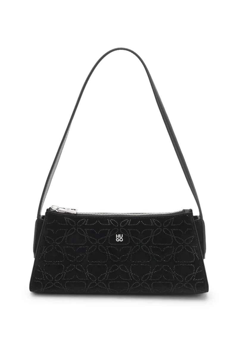 HUGO Velvet-touch hobo bag with rhinestone embellishments