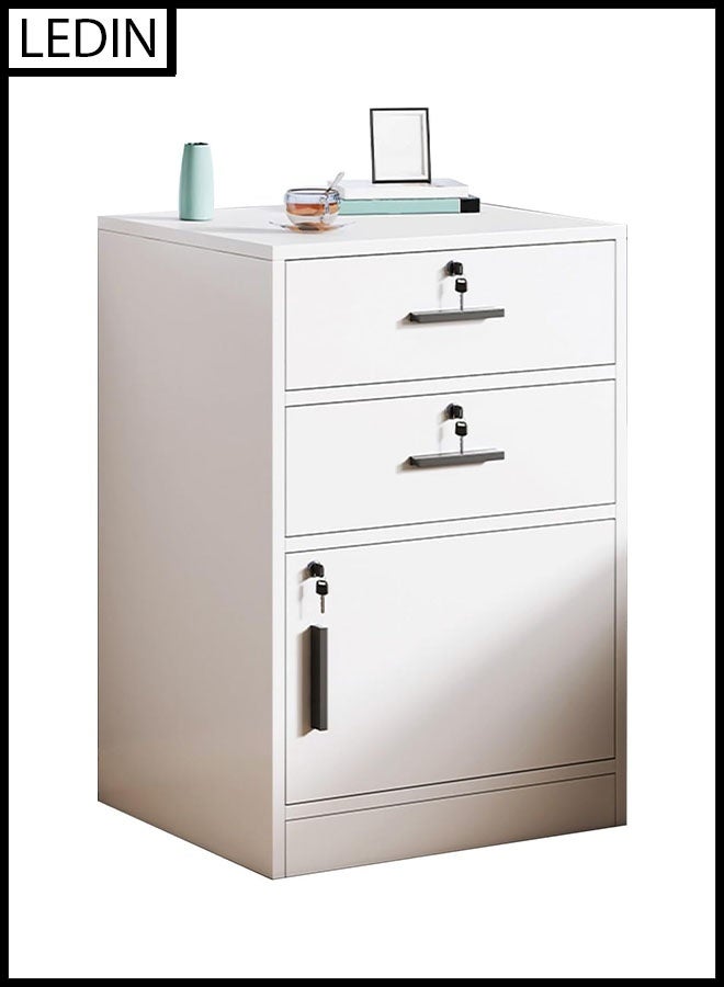 ليدين خزانة ملفات مع درجين وباب واحد قابل للقفل مع عجلات من الخشب الصناعي الأبيض (2 درج وباب واحد) - Image 1