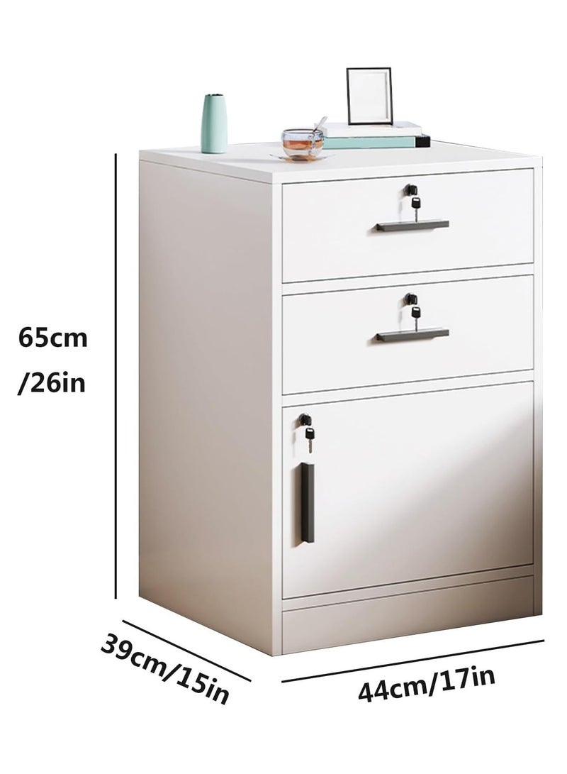 ليدين خزانة ملفات مع درجين وباب واحد قابل للقفل مع عجلات من الخشب الصناعي الأبيض (2 درج وباب واحد) - Image 3