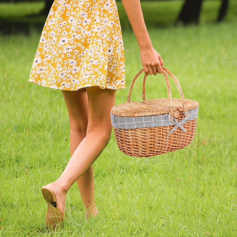 NALACAL Wicker Picnic Basket With Lid And Handle, 15" Large Empty Picnic Basket, Sturdy Woven Body With Washable Lining, Vintage Hand Woven Basket For Easter, Mother's Day, Outdoor Camping (Solid) - Image 4
