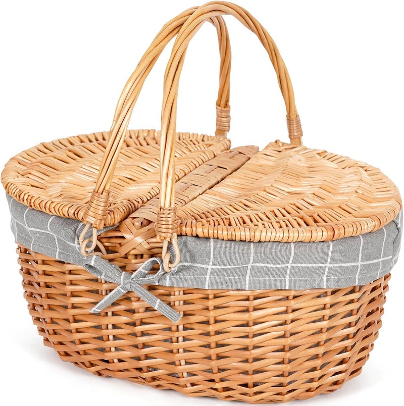 NALACAL Wicker Picnic Basket With Lid And Handle, 15" Large Empty Picnic Basket, Sturdy Woven Body With Washable Lining, Vintage Hand Woven Basket For Easter, Mother's Day, Outdoor Camping (Solid) - Image 1