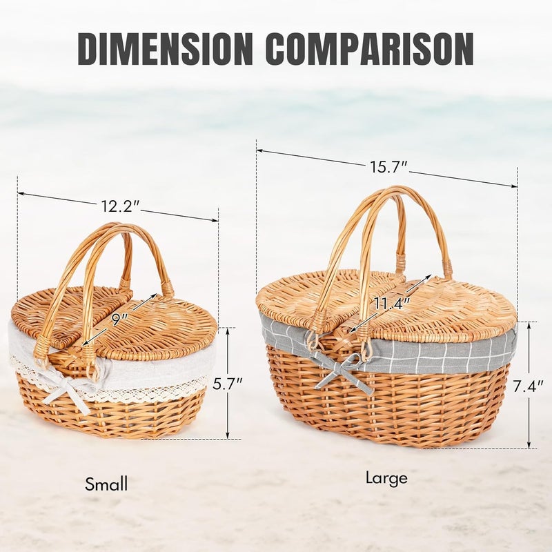 NALACAL Wicker Picnic Basket With Lid And Handle, 15" Large Empty Picnic Basket, Sturdy Woven Body With Washable Lining, Vintage Hand Woven Basket For Easter, Mother's Day, Outdoor Camping (Solid) - Image 5