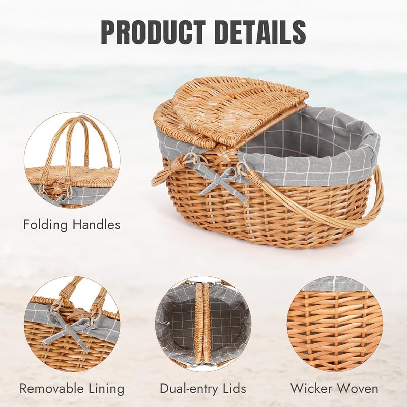 NALACAL Wicker Picnic Basket With Lid And Handle, 15" Large Empty Picnic Basket, Sturdy Woven Body With Washable Lining, Vintage Hand Woven Basket For Easter, Mother's Day, Outdoor Camping (Solid) - Image 2